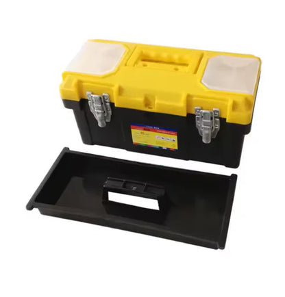 15.5" Plastic Storage Tool Box with Removable Tray, Small Tool Box Organizer with Screw Box, Black/Yellow,